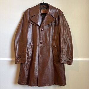 VTG William Barry Brown Leather Trench Coat Men's Size 38